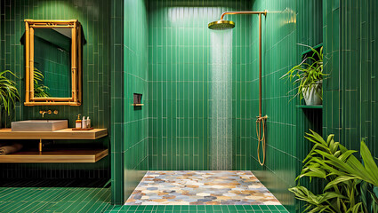 Contemporary Bathroom with Green Tile and Rainfall Shower interior isolated on a transparent background