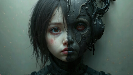 cyberpunk female android portrait, neon dark ai machine girl face, futuristic robot art concept