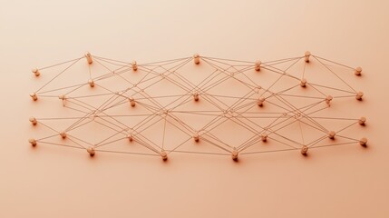 Network of connected wooden nodes on a smooth orange background demonstrating collaboration and design concepts