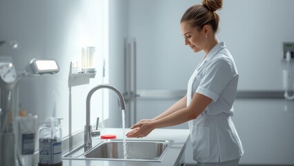 Professional nurse performing a hand hygiene routine before a medical procedure in a sterile clinic environment