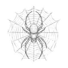 Obraz premium Detailed sketch of a spider in its intricate web design. Vector hand drawn illustration