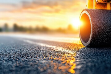 A close-up view of a roller on a newly paved road at sunset, highlighting the texture of asphalt and the rolling equipment.