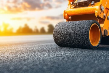 A close-up of a road roller compacting asphalt on a construction site, with a sunset backdrop highlighting the machinery's details.