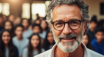Smiling teacher engages with students during a classroom session in the late afternoon light