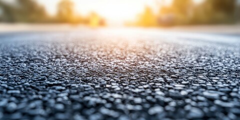 Close-up view of a textured asphalt road, capturing the warm glow of sunlight in the background, suggesting a peaceful, rural setting.