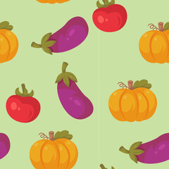Seamless Pixel Art Pattern Featuring Vibrant Cartoon Pumpkins Eggplants and Tomatoes on a Light Green Background