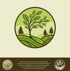 A hand-drawn circular emblem showcasing a flourishing tree on rolling green hills, a symbol of environmental harmony and natural growth