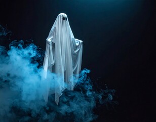 A terrifying white ghost apparition in a sheet costume floats ominously on a cloud of blue smoke in the dark, embodying a spooky halloween spirit