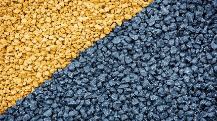 A vibrant image showcasing a split of yellow and black gravel, highlighting contrasting textures and colors in an abstract arrangement.