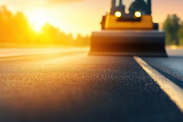 A construction vehicle smooths a freshly laid asphalt road under a warm sunset, highlighting the importance of infrastructure development.