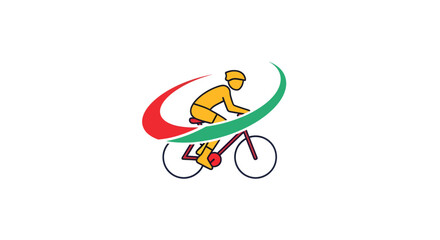 Fototapeta premium A graphic logo of a cyclist in motion with red and green swooshes on a white background.