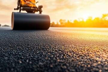 A close-up view of a road roller working on asphalt, with a golden sunset in the background, highlighting construction and roadwork activities.