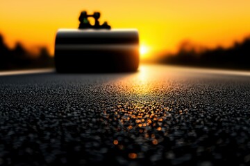 A close-up view of a roller on a wet road, highlighting droplets of water and a beautiful sunset in the background.