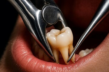 Close up of a dentist extracting a tooth with forceps