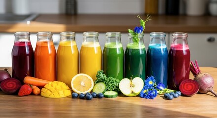 Colorful Assortment of Fresh Fruit and Vegetable Juices Lined Up