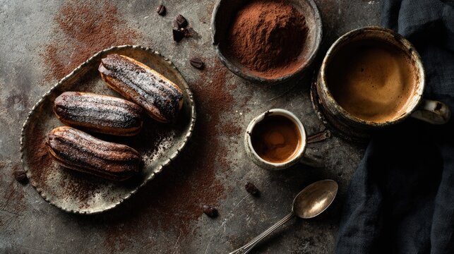Dark moody flat lay of pastry chocolate eclairs cocoa powder dusting and a vintage espresso cup