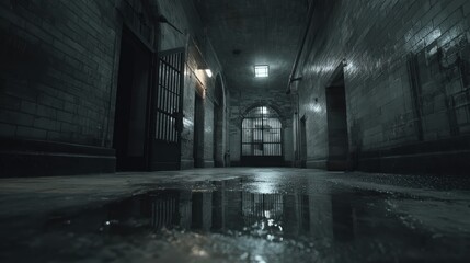 Long dark underground corridor with wet polished floor, barred , and moody lighting creating a mysterious eerie atmosphere