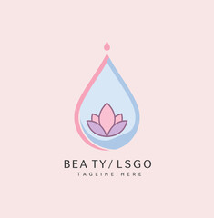 Beauty spa logo with a lotus flower inside a water drop. Minimalist vector icon concept for wellness and cosmetic branding