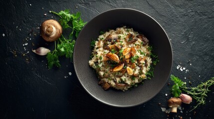Vegan dish Overhead shot of a vegan dish mushroom risotto with truffle oil roasted garlic and parsley on a dark slate