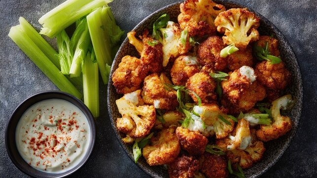 Vegan dish Flat lay of crispy cauliflower wings with vegan ranch celery sticks and a sprinkle of paprika