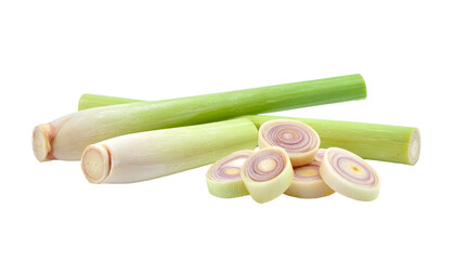 Fresh lemongrass stalks with sliced pieces on black background