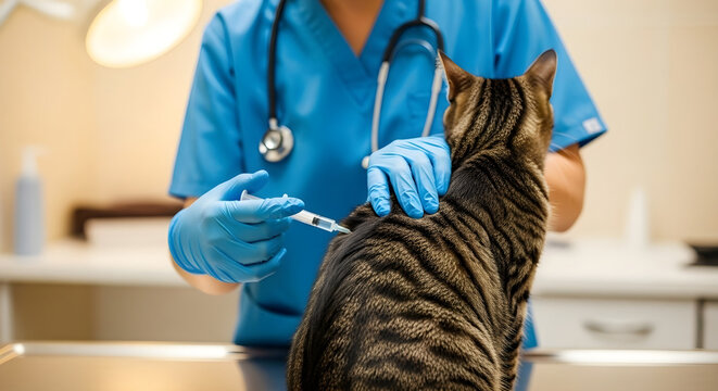 Veterinarian administering injection to a tabby cat during examination