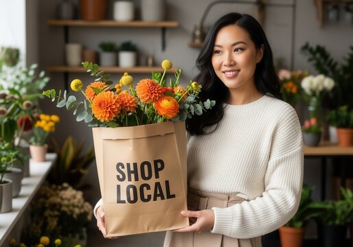 A smiling Asian woman holds a 'shop local' bag with a fresh flower bouquet. Customer shopping at a local florist. Small business support concept - Powered by Adobe