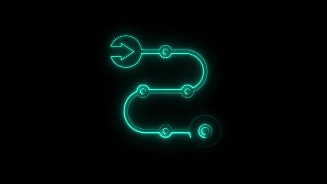 Blue neon abstract cycle diagram with arrows and shapes representing process flow and data