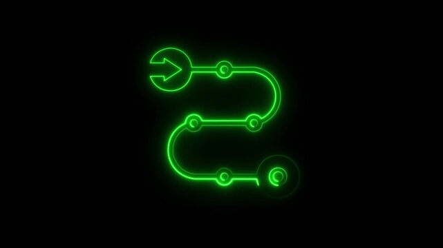Blue neon abstract cycle diagram with arrows and shapes representing process flow and data