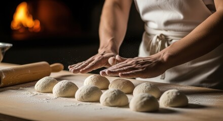 Baker preparing dough rounds on a wooden countertop in a warm, rustic kitchen with an oven in the background