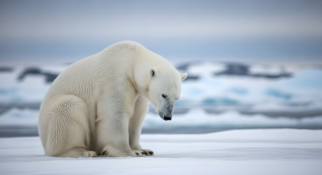 Sad polar bear sitting alone on ice floe in arctic landscape