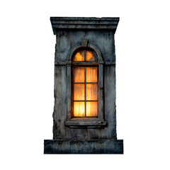 Old window with warm light illuminating dark stone wall, isolated on transparent cutout background