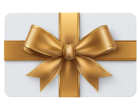 Gift card with gold ribbon and bow.  A rectangular white gift card is presented, adorned with a golden ribbon and bow.  Realistic 3D rendering