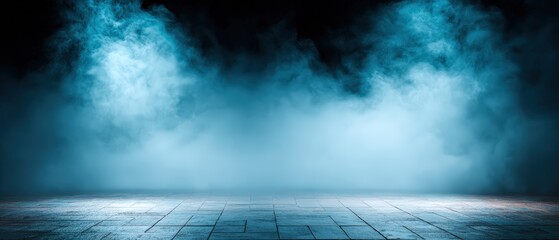 Naklejka premium Dramatic moody sky with dark clouds and fog over empty city street with wet pavement creating a mysterious atmosphere