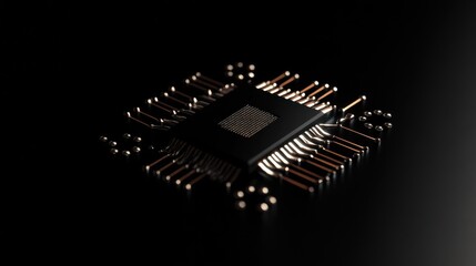 Close-up view of a microchip showcasing intricate circuit design and metallic connections on a dark background