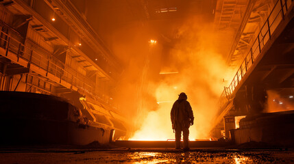Fototapeta premium Metalworker in heat-resistant suit standing near molten metal in dramatic industrial steel foundry