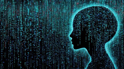 Young woman in digital space with flowing code on dark background