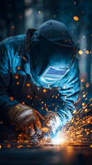 Skilled welder in action crouched down in dark factory creating sparks with precision welding tools