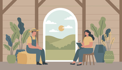 Farmer and consultant discuss rural business in a barn overlooking a peaceful landscape