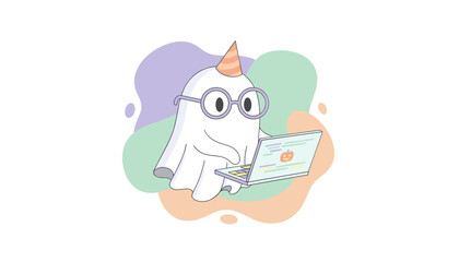 Cute ghost in party hat and glasses using laptop with Halloween pumpkin on screen tech fun