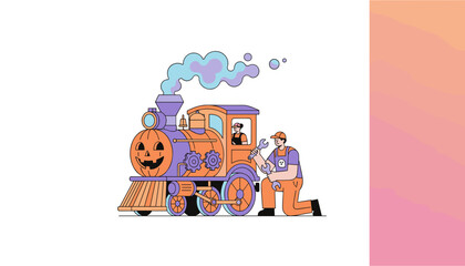 Halloween train maintenance with workers Festive team preparing spooky transportation