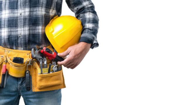 Close-up of a worker with safety gear and tools