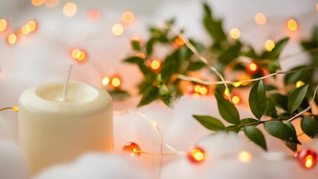 Candle and bokeh lights on a soft white background