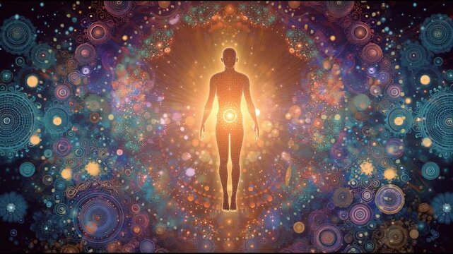 Inner Radiance: A silhouette person glows against a backdrop of cosmic patterns and light. This image captures inner peace, spirituality, and the boundless potential of the human spirit.