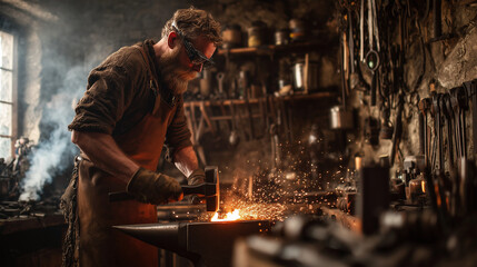 Focused blacksmith hammering hot metal in rustic workshop with flying sparks
