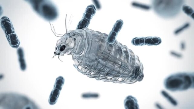 Isopod Moving Among Bacteria Cells Under Microscope High Quality Visualization