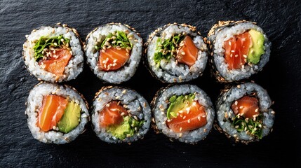 A flat lay of sushi rolls with brown rice avocado and salmon healthy eating concept clean presentation