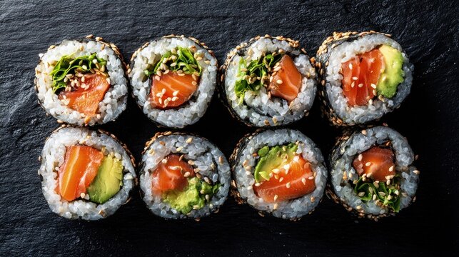 A flat lay of sushi rolls with brown rice avocado and salmon healthy eating concept clean presentation - Powered by Adobe