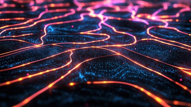 Futuristic neon wave pattern with glowing iridescent lines in blue, orange. 90s, Y2K aesthetic, digital art, abstract backgrounds. Posters, web design, modern visuals.