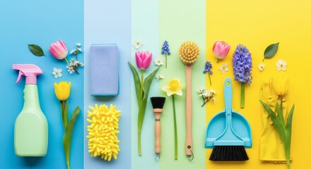 Spring Cleaning Supplies And Fresh Flowers For A Clean Home